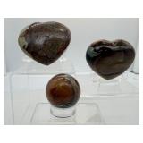 Polychrome Jasper Polished Lot of 3: heart 320gm/11.3oz., heart 274gm/9.7oz. and small sphere 46mm 135gm/4.6oz.