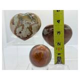 Polychrome Jasper Polished Lot of 3: heart 320gm/11.3oz., heart 274gm/9.7oz. and small sphere 46mm 135gm/4.6oz.