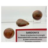 Sardonyx Misc. Lot of 3: 2 spheres 40mm, 94 gm./3.3 oz., non-standing freeform 70 gm./2.5 oz.