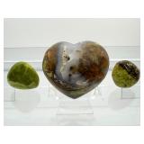 Green Opal Polished Lot of 3: heart & 2 palmstones 237 gm./8.4 oz. (1/2 lb)