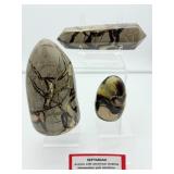 Septarian Polished Lot of 3: Large Freeform 841 gm./1 lb. 14 oz, small freeform 197 gm./7 oz., large double terminated generator wand 323 gm./11 oz.
