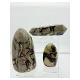 Septarian Polished Lot of 3: Large Freeform 841 gm./1 lb. 14 oz, small freeform 197 gm./7 oz., large double terminated generator wand 323 gm./11 oz.