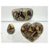Septarian Polished Misc. Lot of 3: Bowl 610 gm./1 lb. 5.5 oz., Heart 165 gm./5.8 oz., egg 43 gm./13 oz. Total Lot Weight: 817 gm./1 lb. 13 oz.