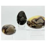 Septarian Mics. Lot of 3: palmstone 135 gm./4.8 oz., palmstone 117 gm./4.2 oz., 1 half egg geode 148 gm./ 5.2 oz. Total Lot Weight: 401 gm./14.1 oz.