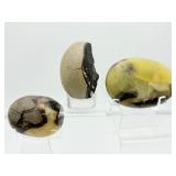 Septarian Mics. Lot of 3: palmstone 135 gm./4.8 oz., palmstone 117 gm./4.2 oz., 1 half egg geode 148 gm./ 5.2 oz. Total Lot Weight: 401 gm./14.1 oz.