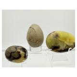 Septarian Mics. Lot of 3: palmstone 135 gm./4.8 oz., palmstone 117 gm./4.2 oz., 1 half egg geode 148 gm./ 5.2 oz. Total Lot Weight: 401 gm./14.1 oz.