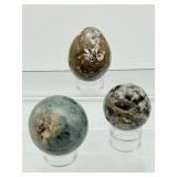 Ocean Jasper Sphere/Egg Lot of 3: Sphere 57mm 272gm/9.6oz., sphere 47mm 156gm/5.5oz., egg 200gm/7.2oz.