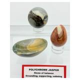 Polychrome Jasper Polished misc. lot of 3: sphere 62mm, 344 gm./12 oz., bowl 201 gm. 7.1 oz., egg 134 gm./4.9 oz.