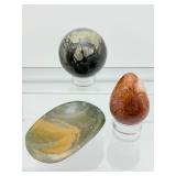 Polychrome Jasper Polished misc. lot of 3: sphere 62mm, 344 gm./12 oz., bowl 201 gm. 7.1 oz., egg 134 gm./4.9 oz.