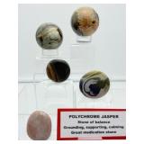 Polychrome Jasper Polished Sphere/Palmstone Lot of 5: sphere 58mm 309gm/11oz., sphere 53mm 245gm/8.5oz., 3 palmstones 91gm/3.2oz.