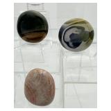 Polychrome Jasper Polished Sphere/Palmstone Lot of 5: sphere 58mm 309gm/11oz., sphere 53mm 245gm/8.5oz., 3 palmstones 91gm/3.2oz.
