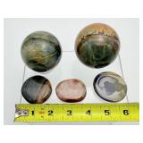 Polychrome Jasper Polished Sphere/Palmstone Lot of 5: sphere 58mm 309gm/11oz., sphere 53mm 245gm/8.5oz., 3 palmstones 91gm/3.2oz.