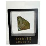 Ammolite Gem Specimen from the KORITE Ammolite Mine, Alberta, Canada in box with certificate of authenticity, 3 color specimen (purple, blue & green) 14 gm./.5 oz