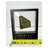 Ammolite Gem Specimen from the KORITE Ammolite Mine, Alberta, Canada in box with certificate of authenticity, 3 color specimen (purple, blue & green) 14 gm./.5 oz