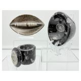Orthocerus Fossil Polished Lot of 3: Bowl 332 gm./12 oz., Container with lid 247 gm./8.7 oz., brown oval tray 170 gms/6 oz.