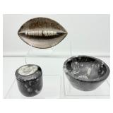 Orthocerus Fossil Polished Lot of 3: Bowl 332 gm./12 oz., Container with lid 247 gm./8.7 oz., brown oval tray 170 gms/6 oz.