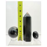 Black Tourmaline Polished Lot of 3: Generator 547 gm./1 lb. 10 oz., palmstone 52 gm./1.9 oz., sphere 60mm 375 gm./13.2 oz.