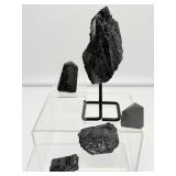 Black Tourmaline Misc. Lot of 5: large piece on stand, 2 rough pieces & 2 small polished tumbles 556 gm./1 lb. 3.6 oz.