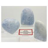 Blue Calcite Polished Lot of 3: Freeform 867 gm./1 lb. 15 oz., freeform 379 gm./13.4 oz., heart 480 gm./1 lb. 1 oz.
