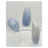 Blue Calcite Polished Lot of 3: Freeform 867 gm./1 lb. 15 oz., freeform 379 gm./13.4 oz., heart 480 gm./1 lb. 1 oz.