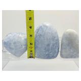 Blue Calcite Polished Lot of 3: Freeform 867 gm./1 lb. 15 oz., freeform 379 gm./13.4 oz., heart 480 gm./1 lb. 1 oz.