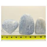 Blue Calcite Polished Lot of 3: Freeform 867 gm./1 lb. 15 oz., freeform 379 gm./13.4 oz., heart 480 gm./1 lb. 1 oz.