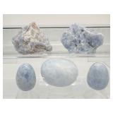 Blue Calcite Mixed Misc. Lot of 5: two rough chunks, one palmstone and two eggs 517 gm./1 lb. 2 oz.
