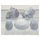 Blue Calcite Mixed Misc. Lot of 5: two rough chunks, one palmstone and two eggs 517 gm./1 lb. 2 oz.
