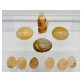 Golden Healer Polished and Rough Misc. Lot of 10: 3 palmstones, 6 small eggs, and 1 rough chunk Total Log Weight: 323 gm./11.4 oz.