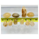 Golden Healer Polished and Rough Misc. Lot of 10: 3 palmstones, 6 small eggs, and 1 rough chunk Total Log Weight: 323 gm./11.4 oz.