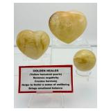 Golden Healer (yellow hematoid quartz) Lot of 3: large heart 350 gm. /medium heart 227 gms./8 oz., sphere 46mm, 161 gm./5.6 oz.