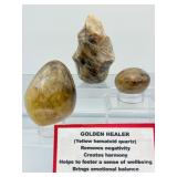 Golden Healer (yellow hematoid quartz): 3-piece lot: flame 401 gm./14.1 oz., freeform 317 gm./11.2 oz. and palmstone 96 gm./3.4 oz.