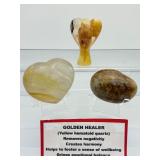 Golden Healer polished misc. lot of 3: heart 190 gm./6.7 oz., gallet 114 gm./4 oz., angel 87 gm./3 oz. Total Lot Weight: 393 gm./13.8 oz.