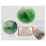 Fluorite Polished Misc. Lot of 3: XL Green Gallet 675gm/1lb.7oz., snowflake fluorite sphere 58mm 335gm/11.8oz., heart 88gm/3.1oz