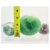 Fluorite Polished Misc. Lot of 3: XL Green Gallet 675gm/1lb.7oz., snowflake fluorite sphere 58mm 335gm/11.8oz., heart 88gm/3.1oz