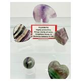 5 piece Polished Fluorite Misc. Lot: Rainbow Zuni bear 141 gm./5 oz., puffy rainbow heart 79 gm./2.8 oz., rainbow sphere 40 gm/1.5 oz., rainbow geometric shape 41 gm./ 1.5 oz. & rainbow heart cabochon