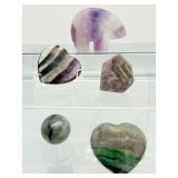 5 piece Polished Fluorite Misc. Lot: Rainbow Zuni bear 141 gm./5 oz., puffy rainbow heart 79 gm./2.8 oz., rainbow sphere 40 gm/1.5 oz., rainbow geometric shape 41 gm./ 1.5 oz. & rainbow heart cabochon