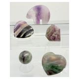 5 piece Polished Fluorite Misc. Lot: Rainbow Zuni bear 141 gm./5 oz., puffy rainbow heart 79 gm./2.8 oz., rainbow sphere 40 gm/1.5 oz., rainbow geometric shape 41 gm./ 1.5 oz. & rainbow heart cabochon