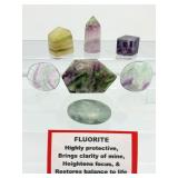 Fluorite Polished Misc. Lot of 7: Rainbow geometric palmstone 55 gm./1.9 oz., green palmstone 44 gm./1.6 oz., small rainbow tower 42 gm./1.5 oz., 2 rainbow palmstones 47 gm./1.7 oz., small rainbow tow