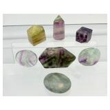 Fluorite Polished Misc. Lot of 7: Rainbow geometric palmstone 55 gm./1.9 oz., green palmstone 44 gm./1.6 oz., small rainbow tower 42 gm./1.5 oz., 2 rainbow palmstones 47 gm./1.7 oz., small rainbow tow
