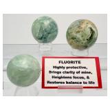 Fluorite Sphere Lot of 3: 46mm 160gm/5.7oz., 40mm 113gm/4.1oz., 44mm 148gm/5.2oz.