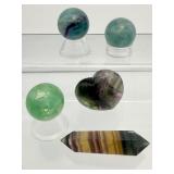 Fluorite Misc. Lot of 5: rainbow heart 62 gm./2.2 oz., rainbow double terminated wand 335 gm./1.2 oz., two rainbow spheres 30mm 51 gm./3.4 oz., one green sphere 30mm 44 gm. 1.6 oz.