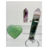 Fluorite Lot of 3 including a Rainbow Fluorite double terminated wand with stand 189 gm./6.7 oz., a small Rainbow Fluorite tower 45 gm./1.6 oz. and a green fluorite heart 114 gm./4 oz.