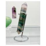 Fluorite Lot of 3 including a Rainbow Fluorite double terminated wand with stand 189 gm./6.7 oz., a small Rainbow Fluorite tower 45 gm./1.6 oz. and a green fluorite heart 114 gm./4 oz.