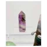 Fluorite Lot of 3 including a Rainbow Fluorite double terminated wand with stand 189 gm./6.7 oz., a small Rainbow Fluorite tower 45 gm./1.6 oz. and a green fluorite heart 114 gm./4 oz.