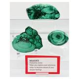 Malachite 3 piece polished lot: non-standing freeform 231 gm./8.1 oz., slab 88 gm./3.1 oz., worry stone 49 gm./1.7 oz. Total lot weight 367 gm./13 oz.