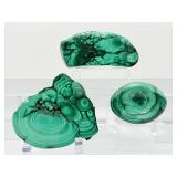 Malachite 3 piece polished lot: non-standing freeform 231 gm./8.1 oz., slab 88 gm./3.1 oz., worry stone 49 gm./1.7 oz. Total lot weight 367 gm./13 oz.