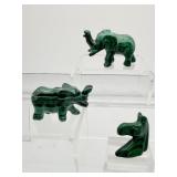 Malachite Animal Figures Lot of 3: two elephants and one horse/mule head 77 gm./2.7 oz.