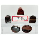 Tigers eye polished lot of 5: 3 chunky towers 142 gm./5 oz., 2 palmstones 56 gm./9.3 oz. Total lot weight: 198 gm./7 oz.