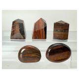 Tigers eye polished lot of 5: 3 chunky towers 142 gm./5 oz., 2 palmstones 56 gm./9.3 oz. Total lot weight: 198 gm./7 oz.